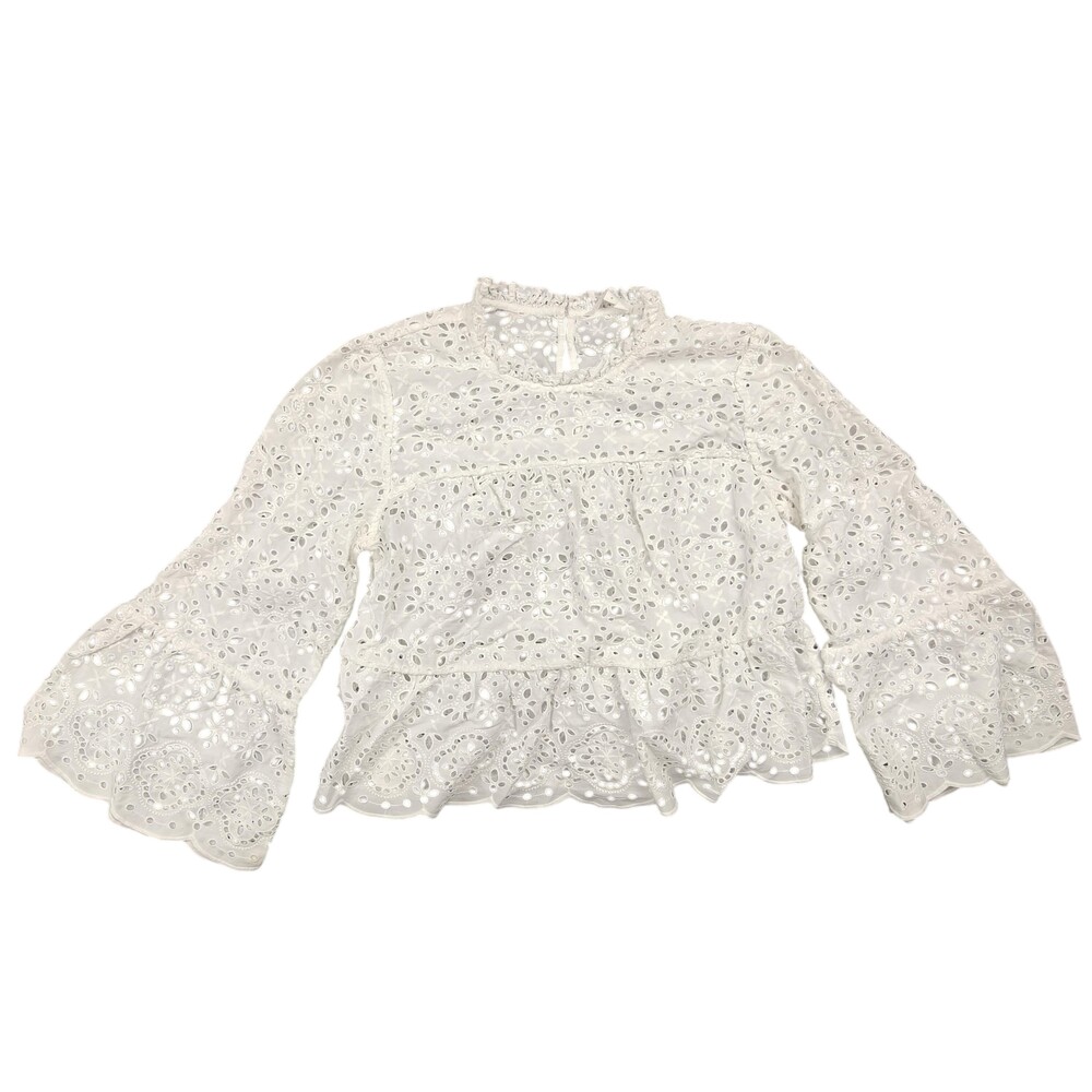 Veronica Beard Blouse Womens 6 White Cropped Lace Embroidered Bell Sleeve Ruffle